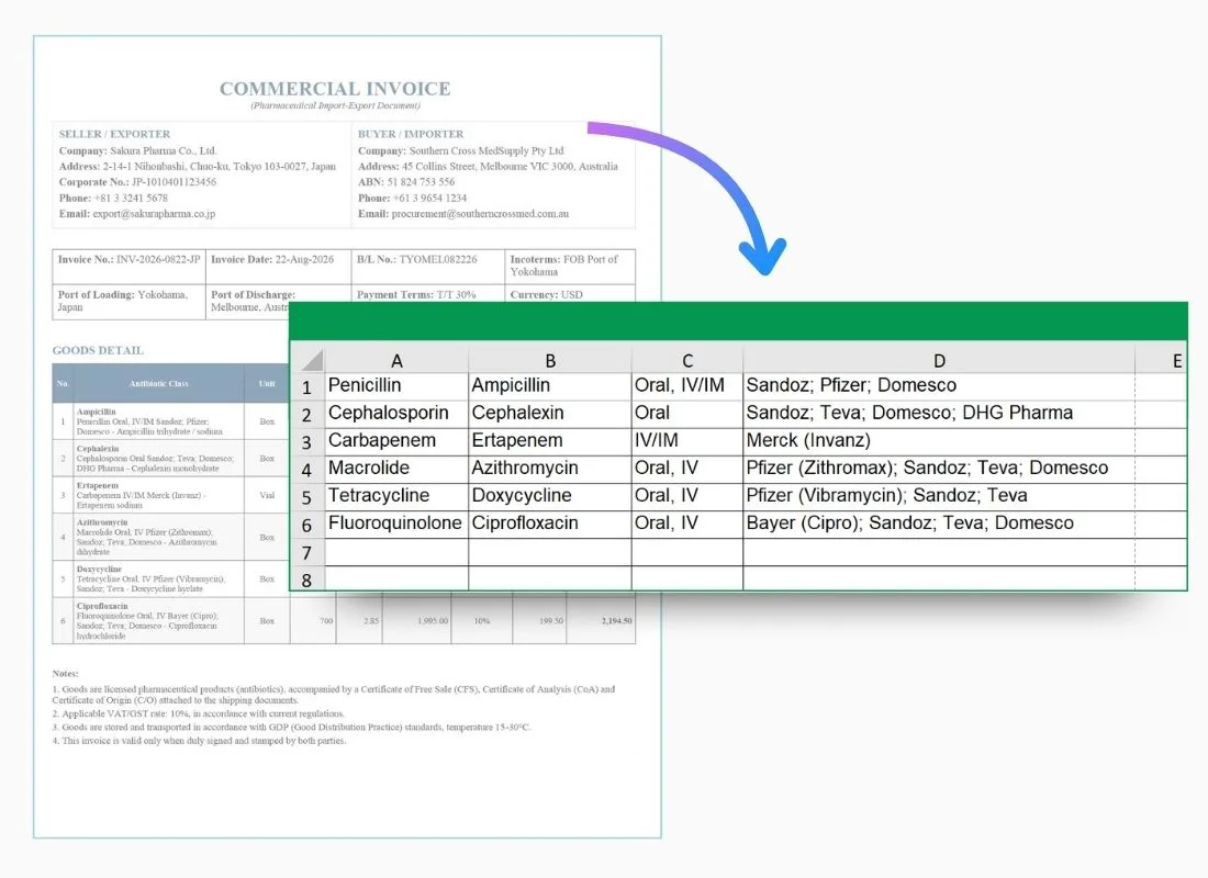 A commercial invoice next to a spreadsheet whose columns have been auto-filled with the drug names, dosage forms and suppliers pulled from the invoice