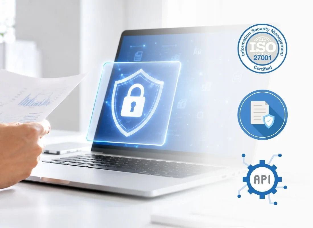 A laptop showing a glowing padlock shield, beside an ISO 27001 certification badge and an API icon